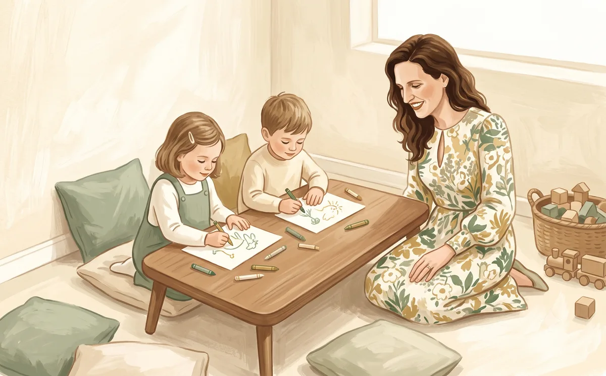 Ilustrace: Martina klečí u nízkého stolku, kde dvě děti kreslí pastelkami, kolem polštáře a dřevěné hračky