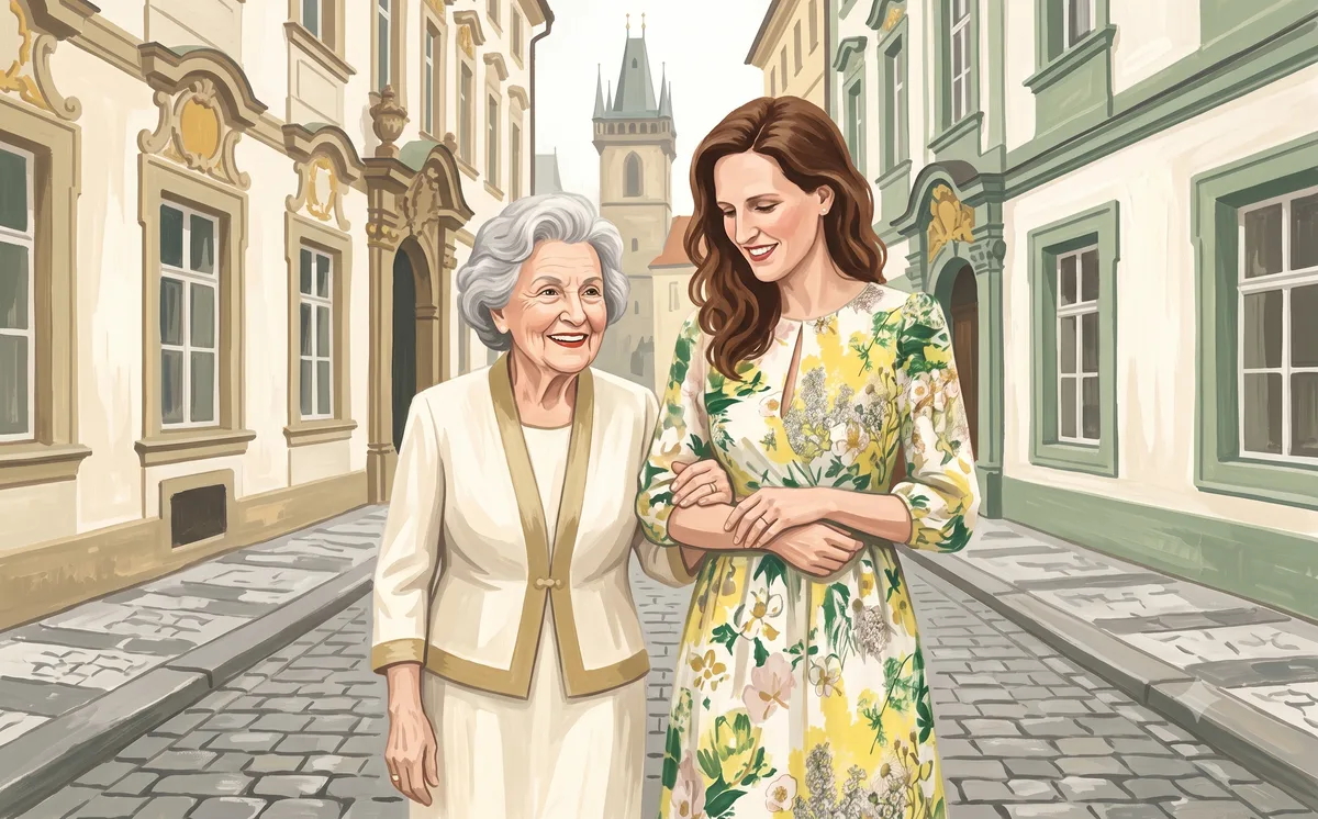 Ilustrace: Martina jde zavěšená se starší usměvavou paní po dlážděné pražské ulici